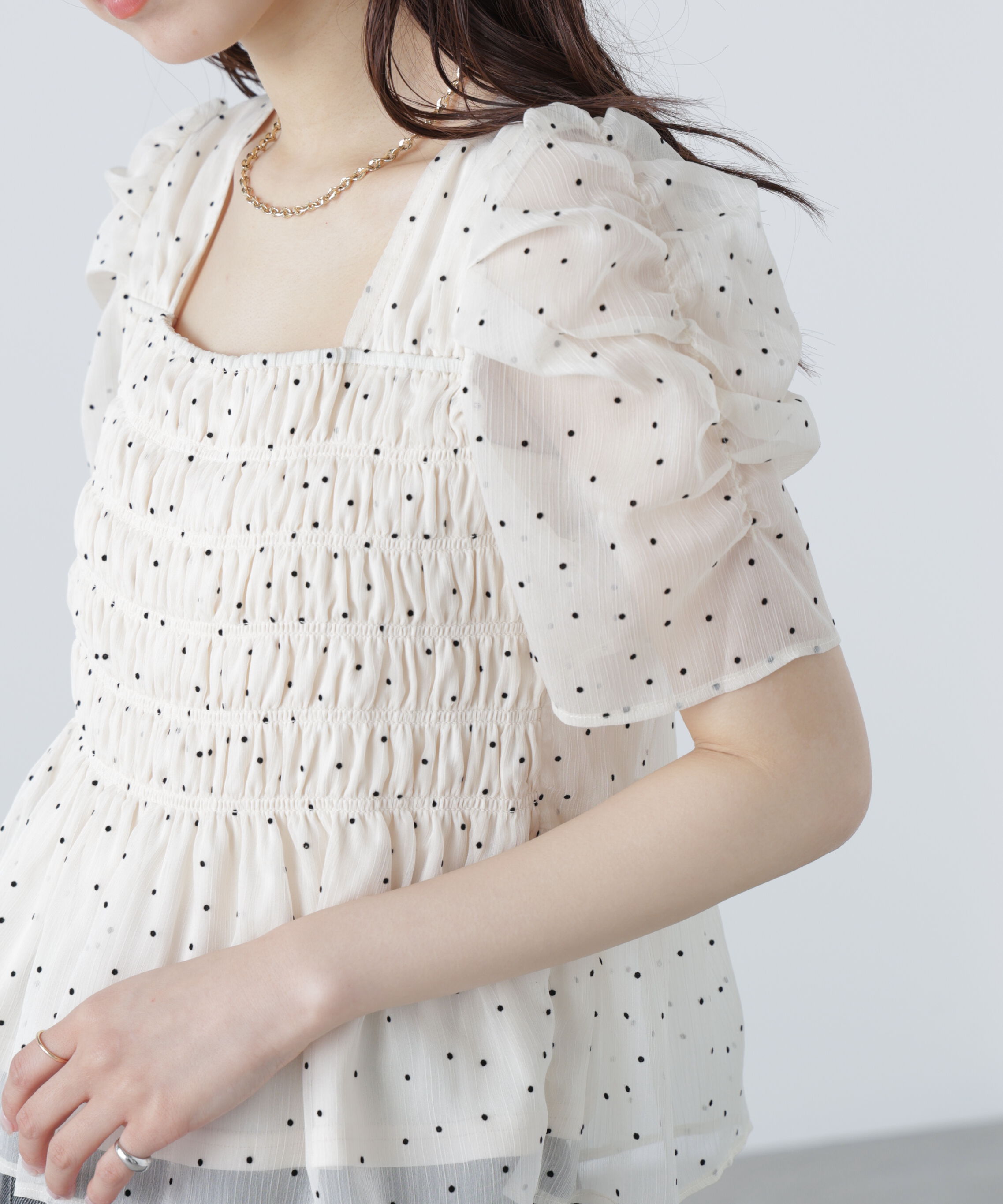  「フロッキードットシャーリングペプラムブラウス」|シャツ・ブラウス|