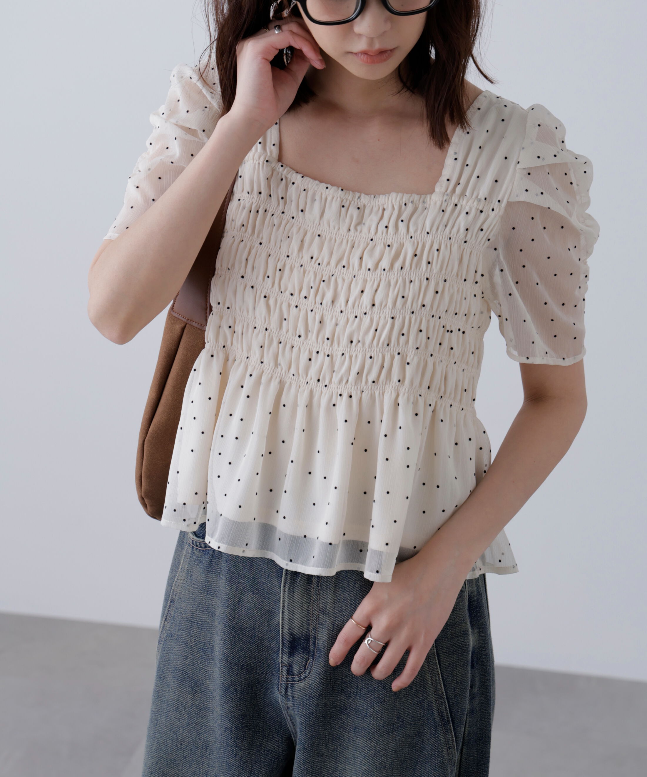  「フロッキードットシャーリングペプラムブラウス」|シャツ・ブラウス|