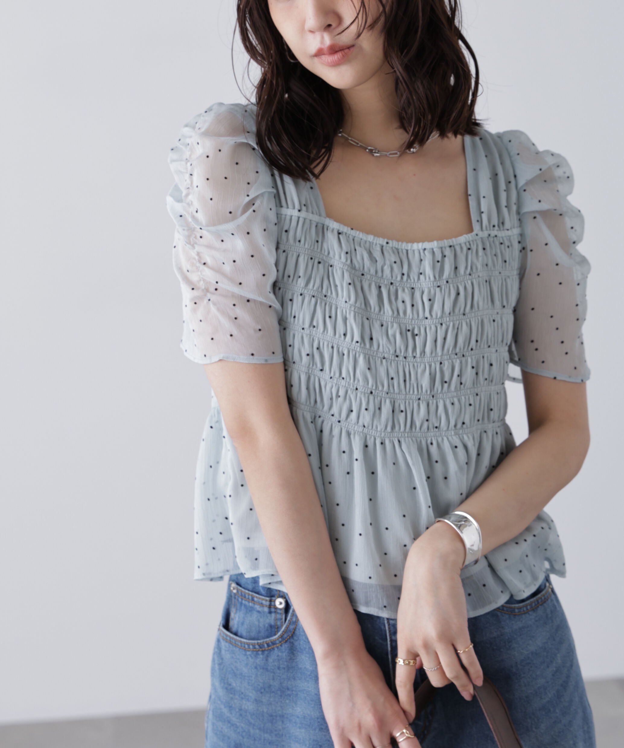 「フロッキードットシャーリングペプラムブラウス」|シャツ・ブラウス|