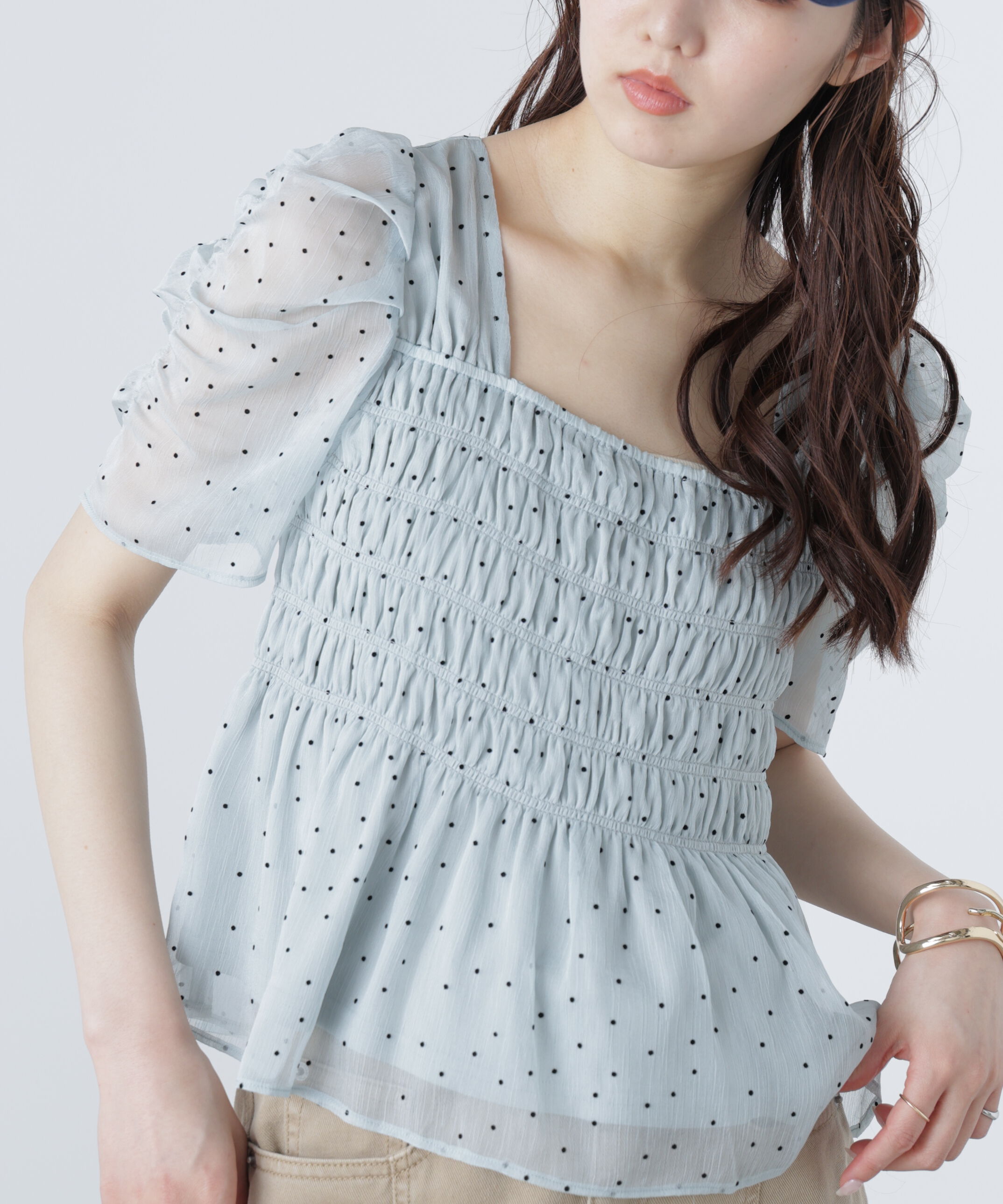  「フロッキードットシャーリングペプラムブラウス」|シャツ・ブラウス|