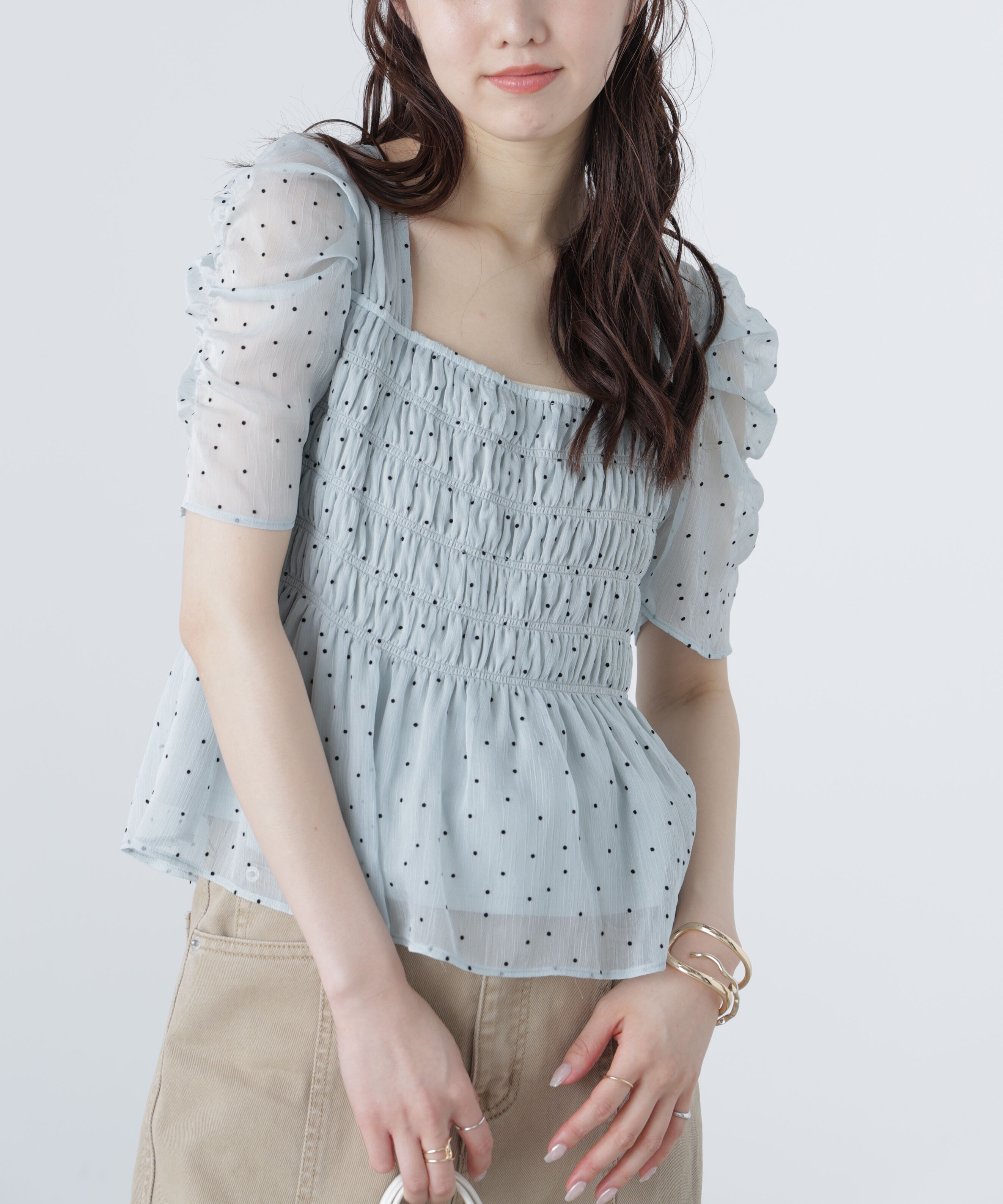  「フロッキードットシャーリングペプラムブラウス」|シャツ・ブラウス|