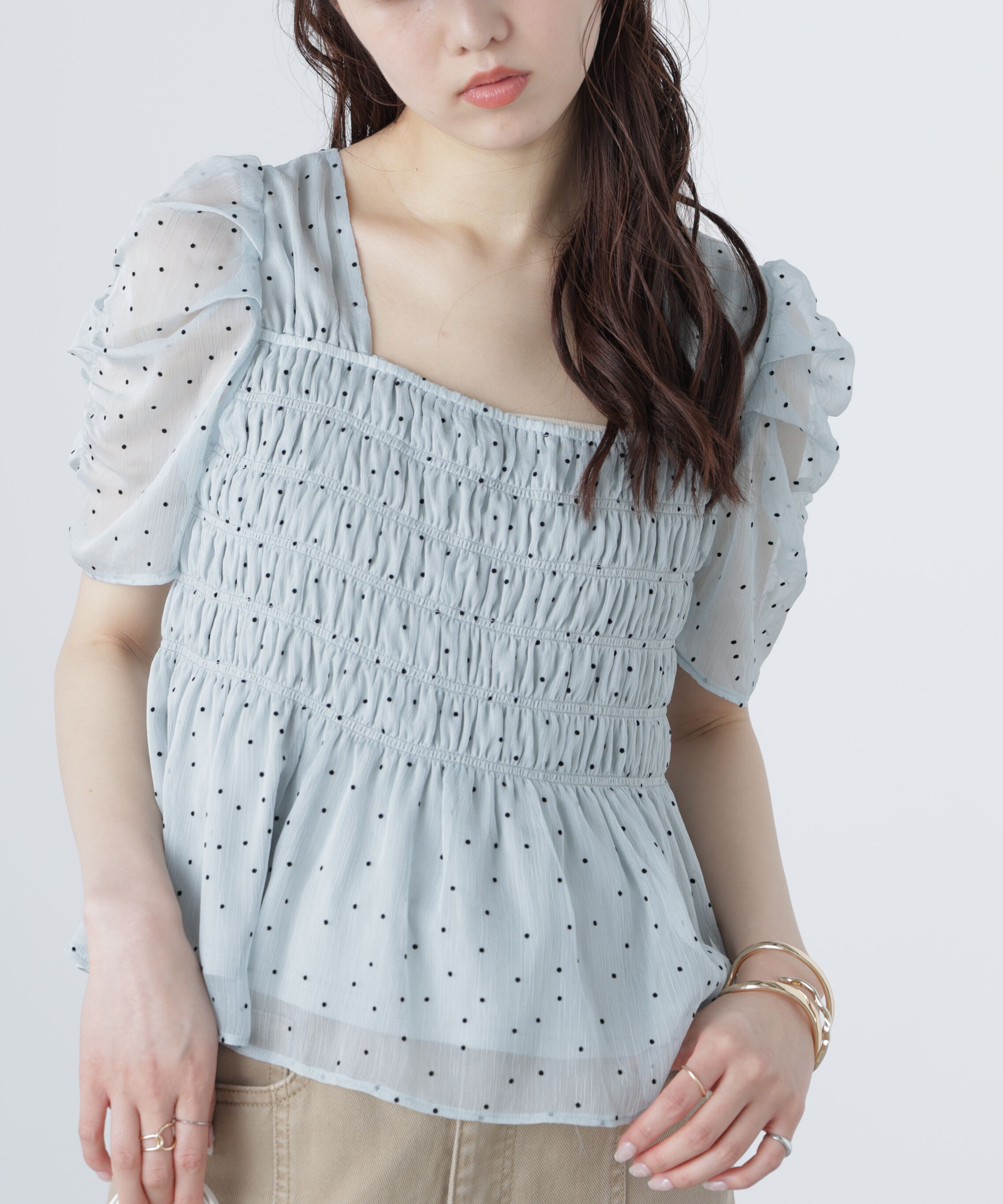  「フロッキードットシャーリングペプラムブラウス」|シャツ・ブラウス|