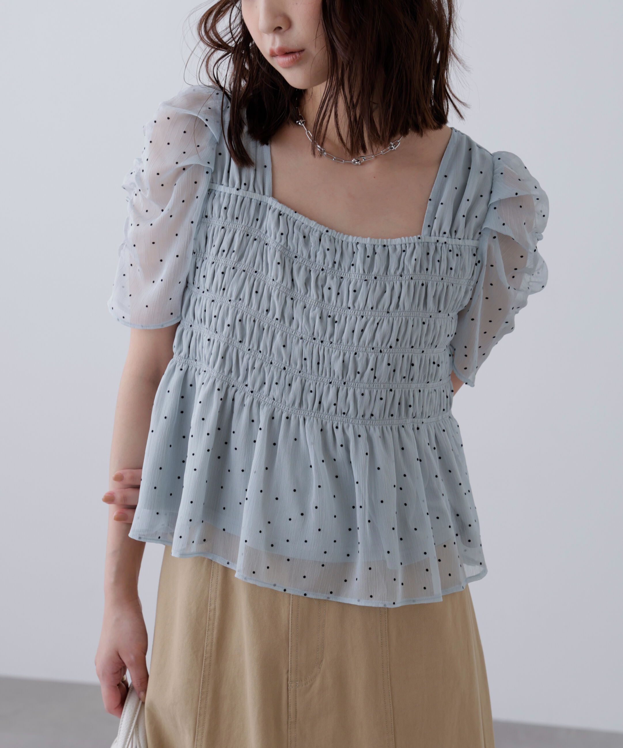  「フロッキードットシャーリングペプラムブラウス」|シャツ・ブラウス|