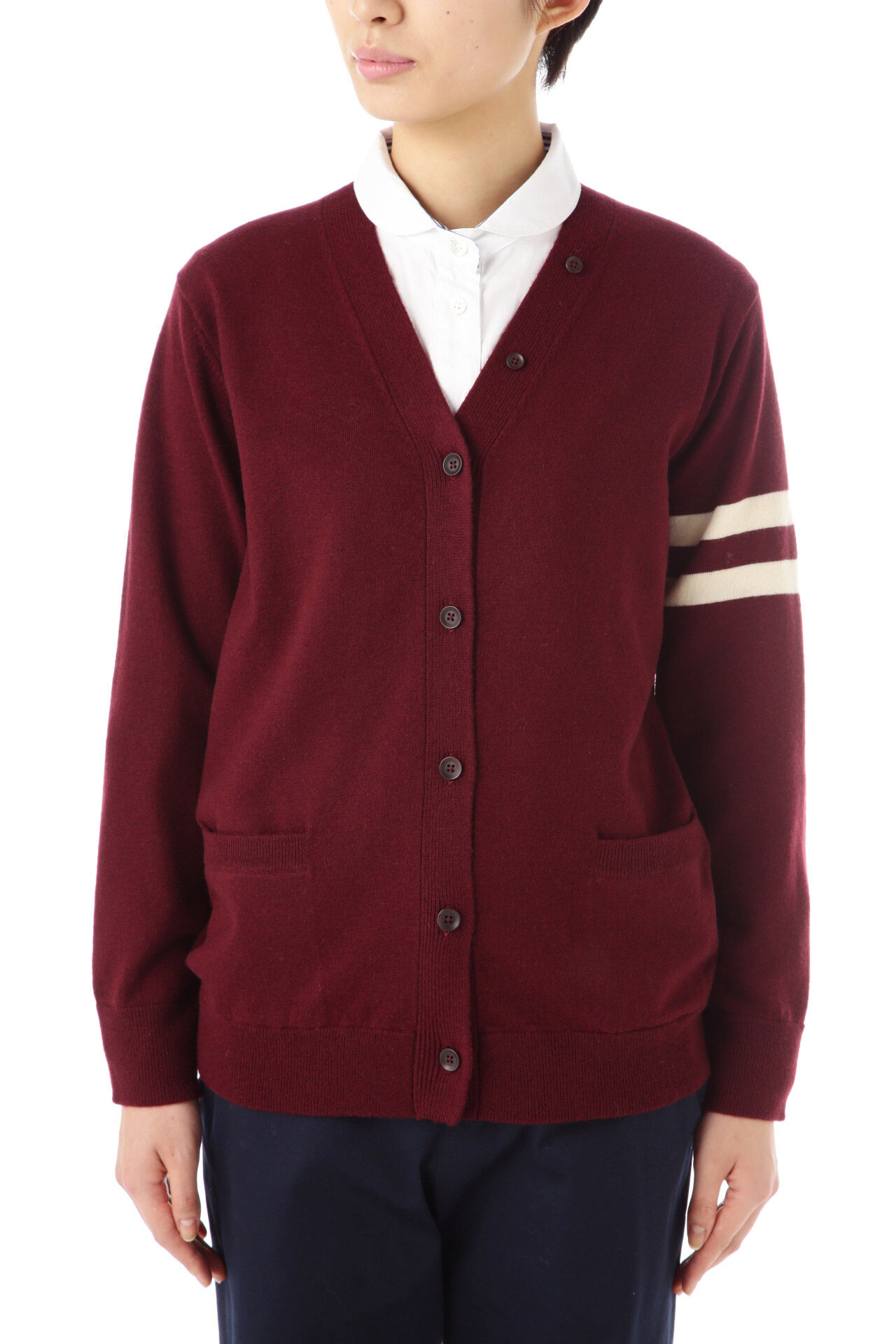  「ライン入りＶネックカーディガン」|ニット・セーター|ワイン