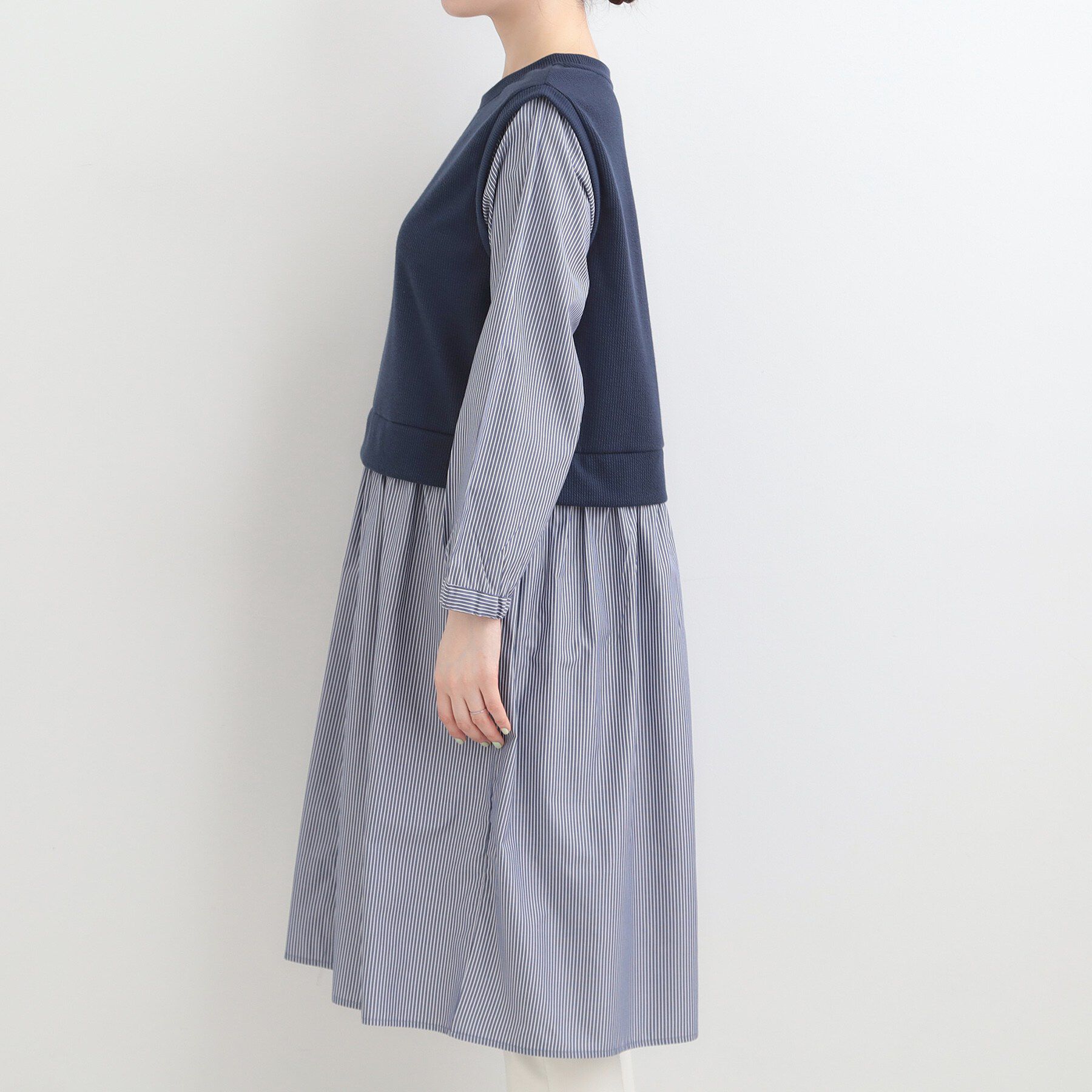 SHOO･LA･RUE「【S-LL/体型カバー】ストライプ柄ドッキングワンピース」|ワンピース|