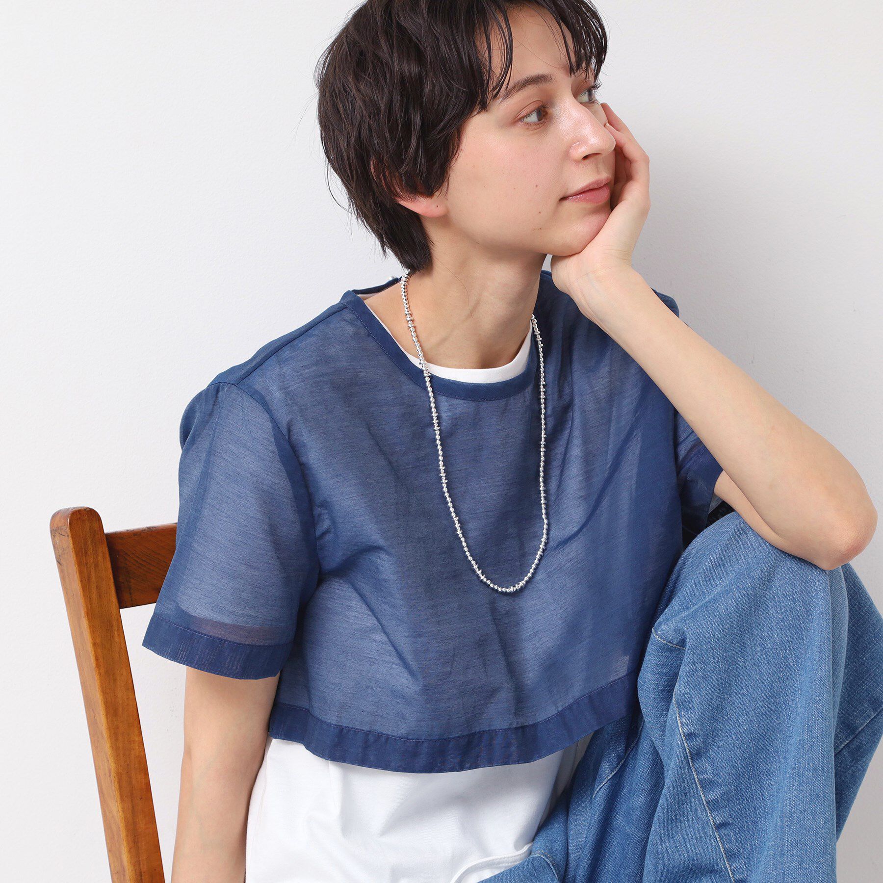Dessin「【洗える】シアーデニムショート丈ブラウス」|シャツ・ブラウス|ネイビー(094)