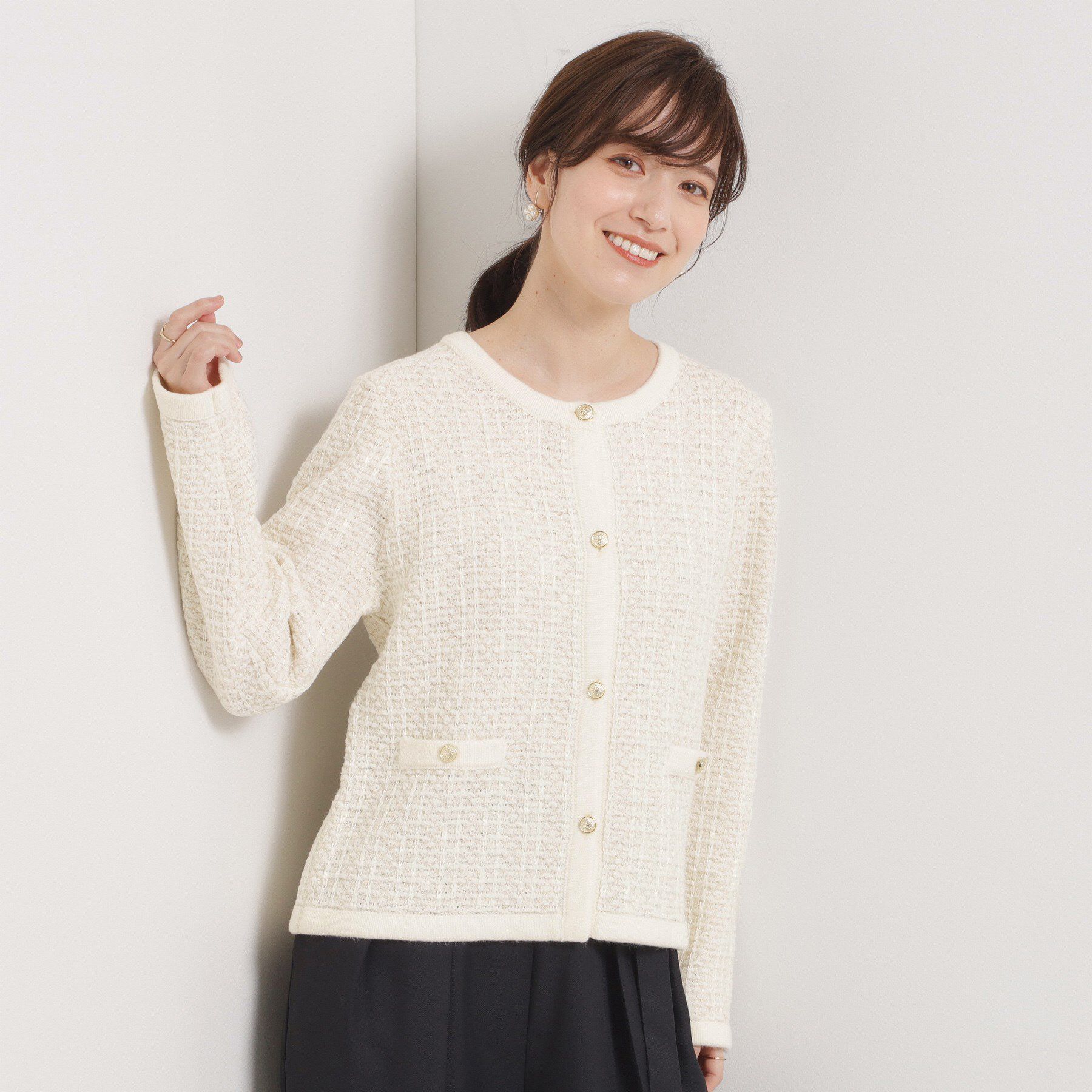 ITS&rsquo;DEMO「【手洗い可】ラメツイードニットジャケット」|ノーカラージャケット|オフホワイト(003