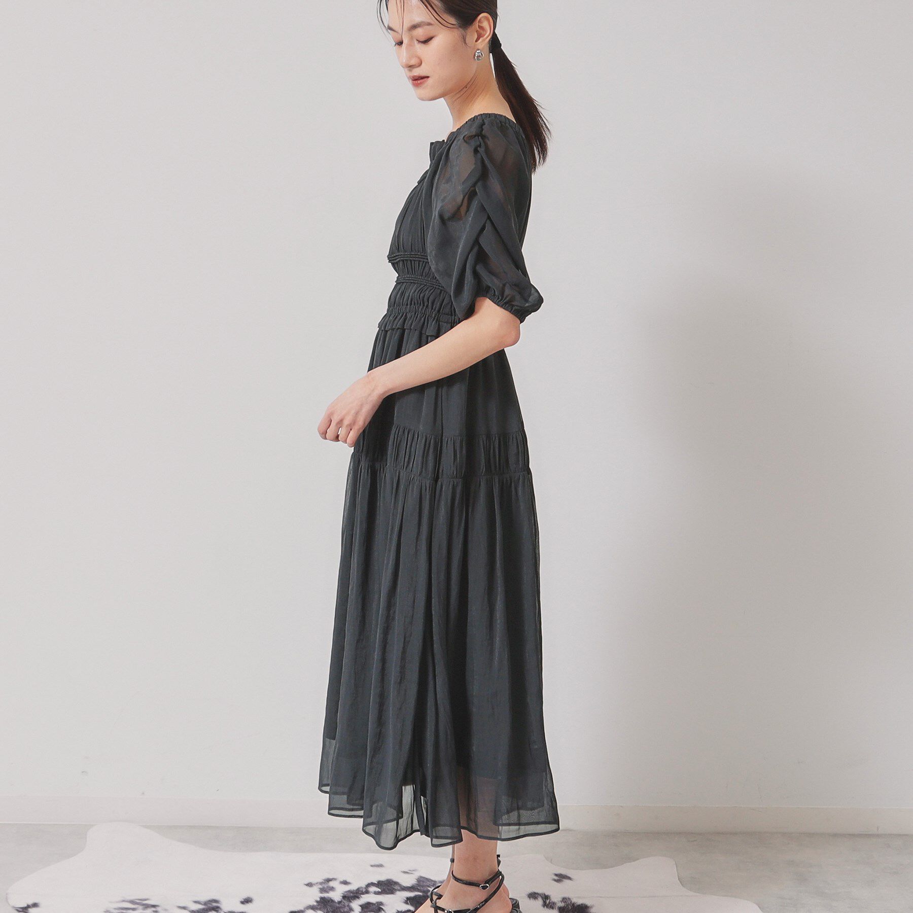 SunaUna「【パウダーシフォン／シャーリング】ロングワンピース」|ワンピース|