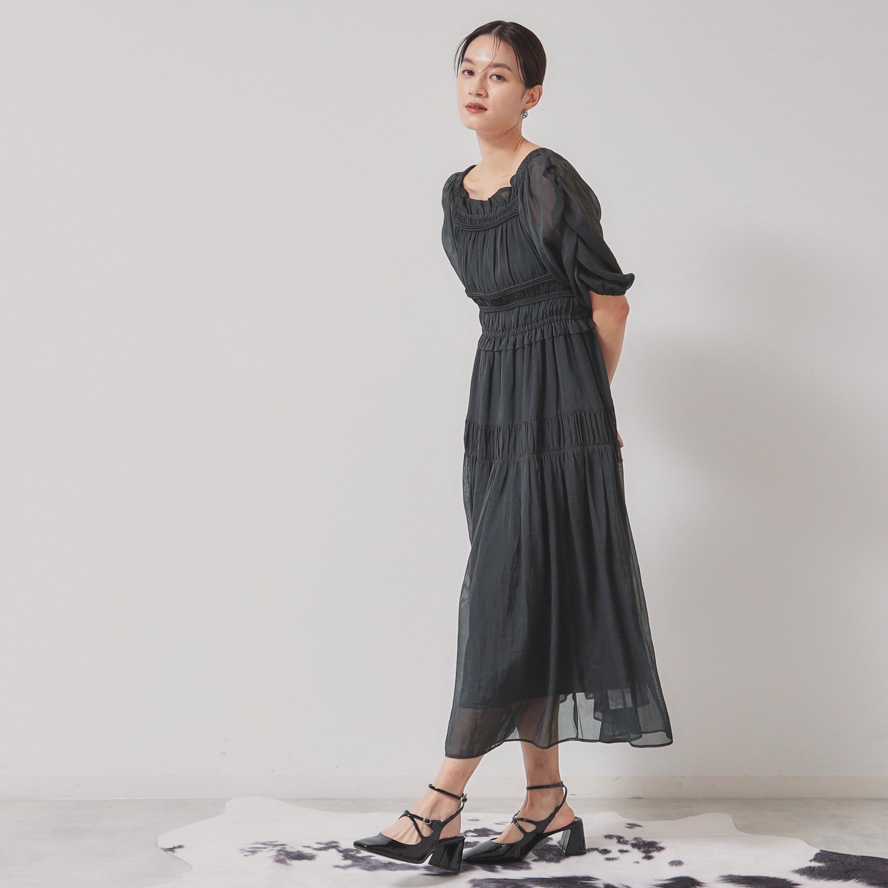 SunaUna「【パウダーシフォン／シャーリング】ロングワンピース」|ワンピース|