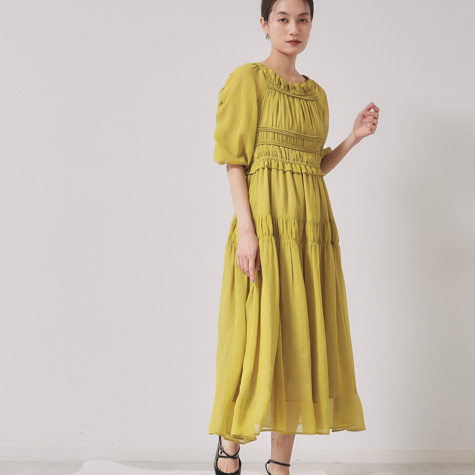 SunaUna「【パウダーシフォン／シャーリング】ロングワンピース」|ワンピース|