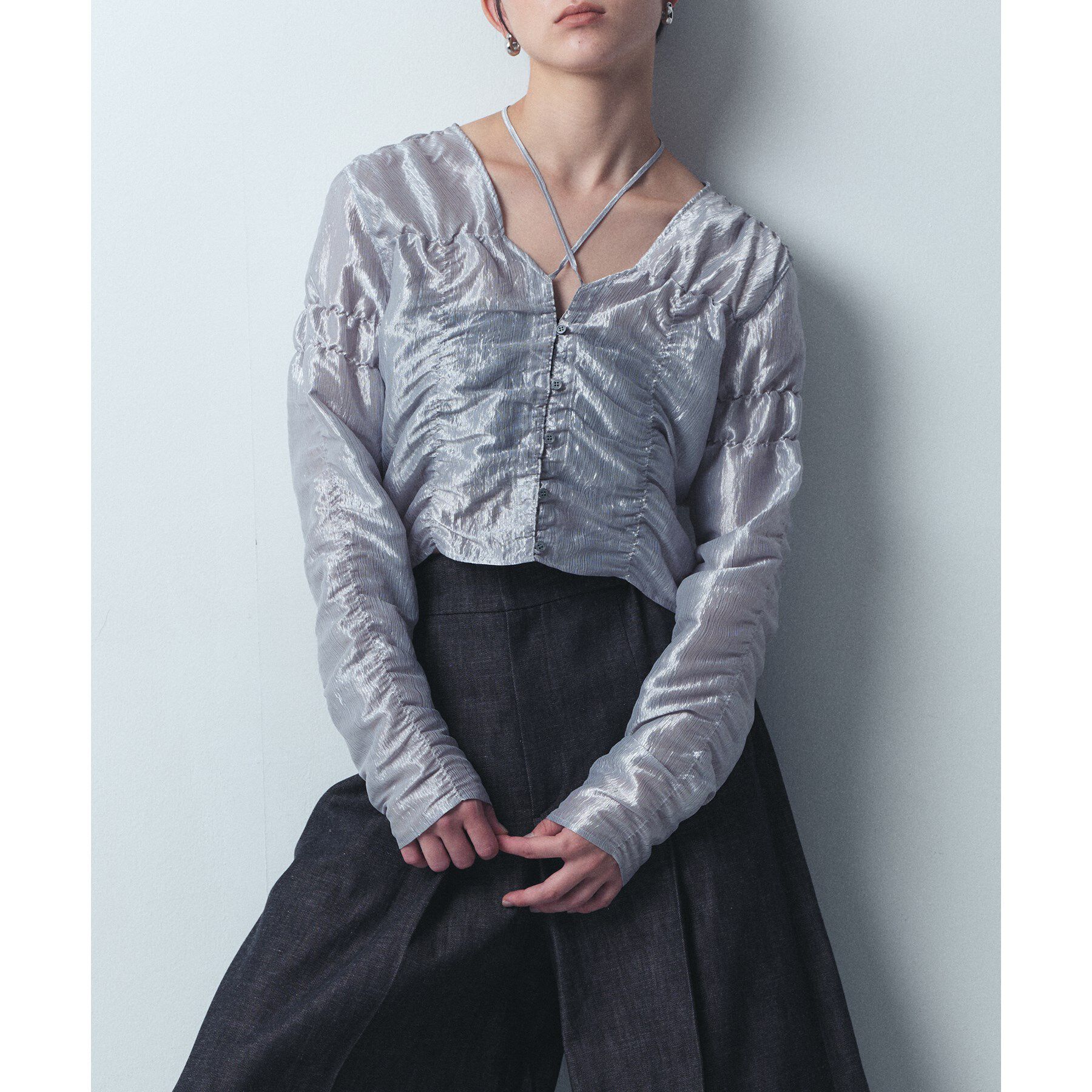 CODE A「gathered shiny blouse」|シャツ・ブラウス|ブルー(091)
