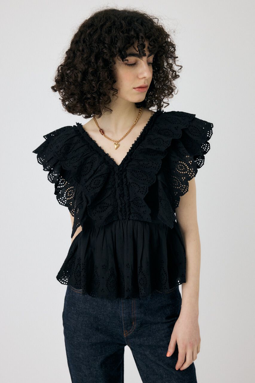 MOUSSY「EYELET CAPSLEEVE ブラウス」|シャツ・ブラウス|BLK