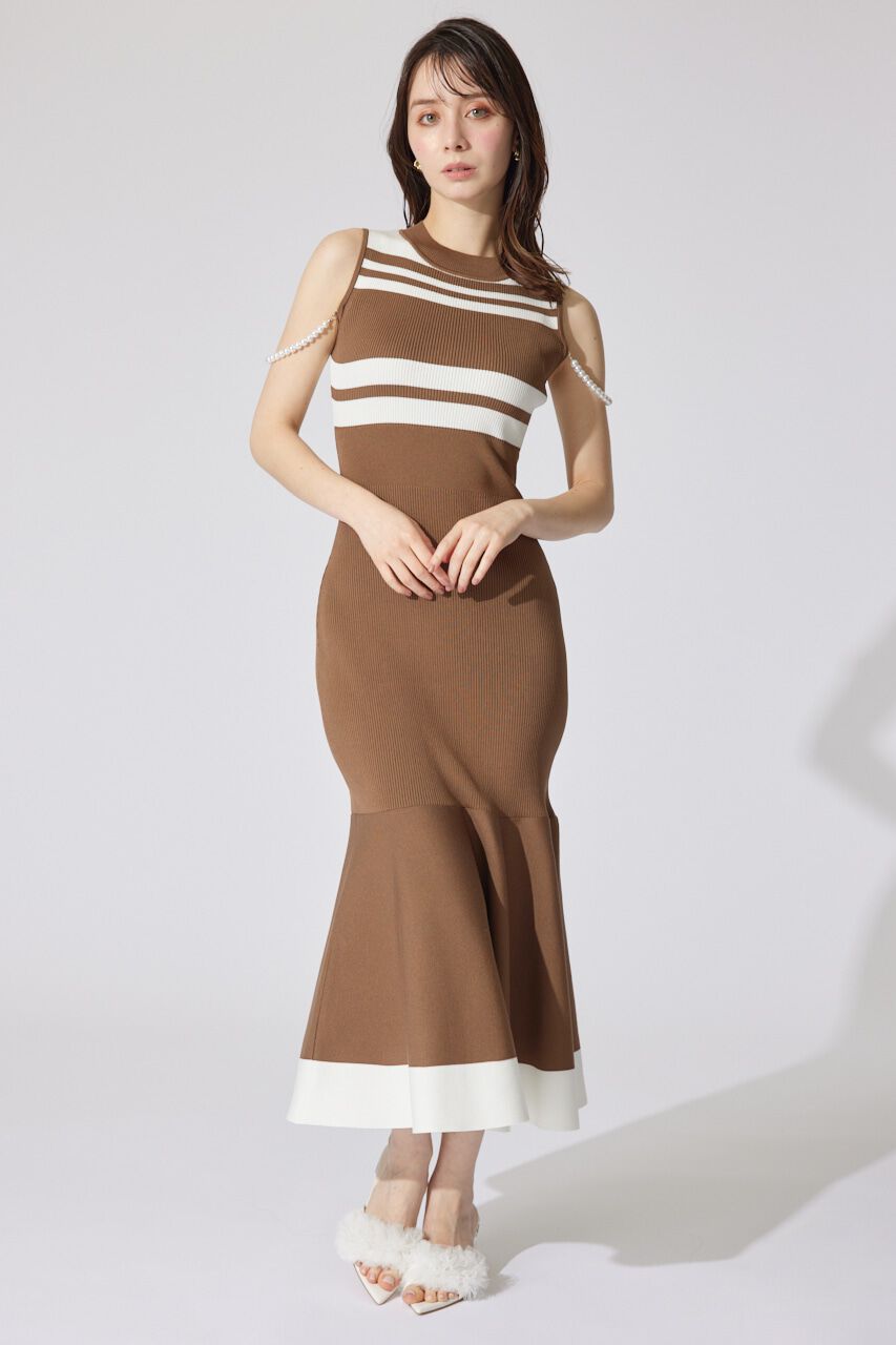 rienda「フェイクパールショルダージャガードニットワンピース」|ワンピース|BRN