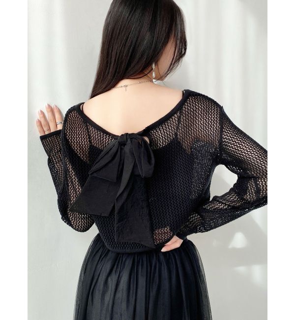 RESEXXY「透かし編みクロップドニットトップス」|ニット・セーター|ブラック