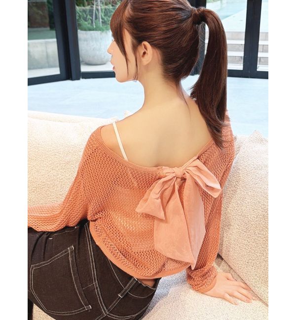 RESEXXY「透かし編みクロップドニットトップス」|ニット・セーター|オレンジ