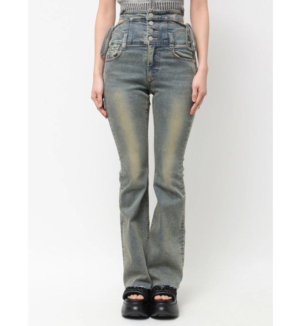 EMODA「サイドオープンハイウエストフレアパギンス」|デニム|アイスブルー