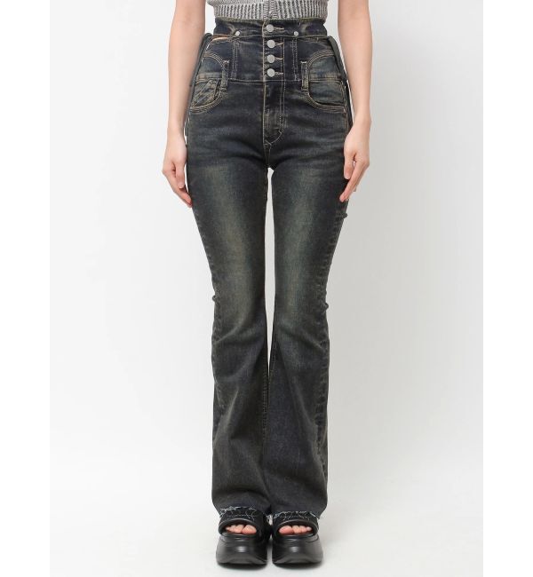 EMODA「サイドオープンハイウエストフレアパギンス」|デニム|インディゴ