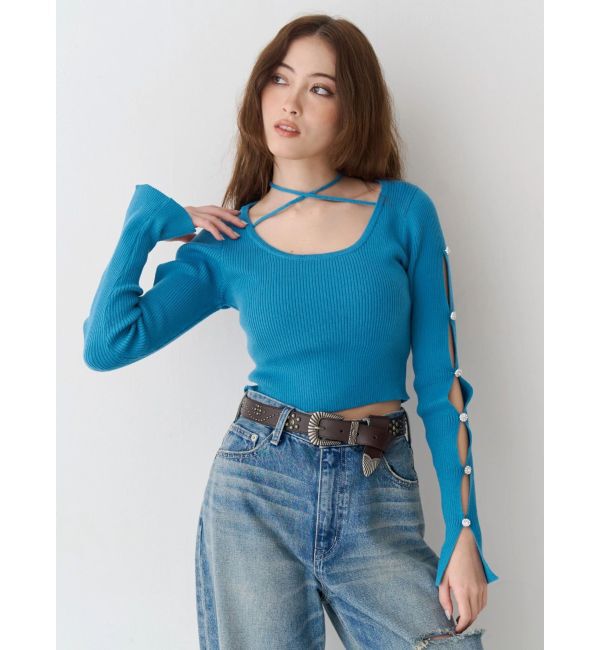 EVRIS「アームビジューニットトップス」|ニット・セーター|ブルー