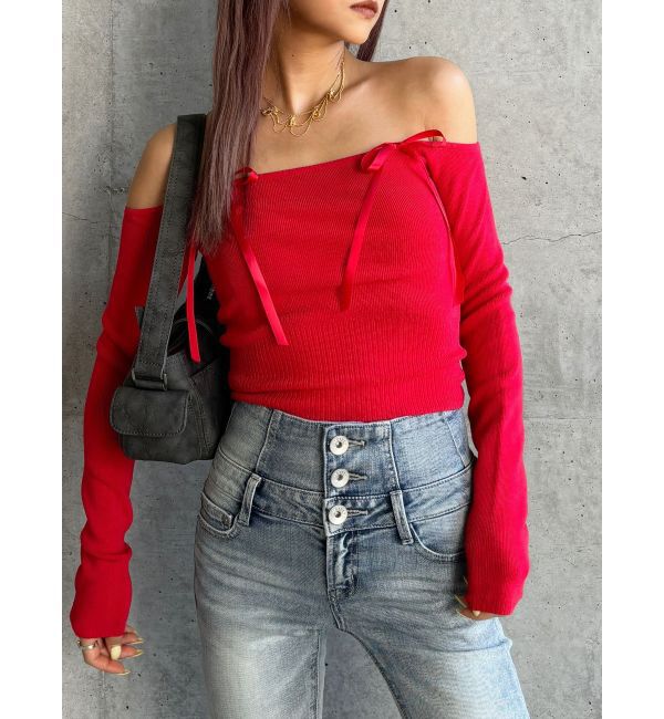 GYDA「【TINY】オフショルリボンニットトップス」|ニット・セーター|