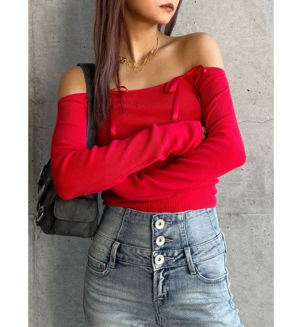 GYDA「【TINY】オフショルリボンニットトップス」|ニット・セーター|