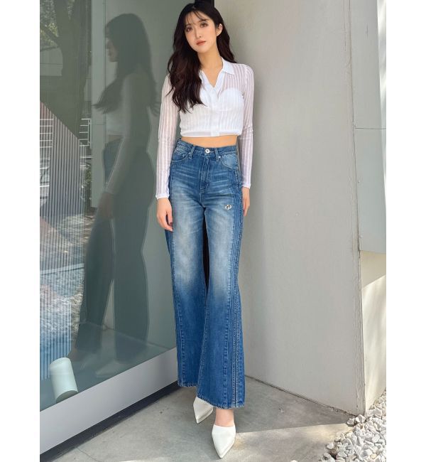 GYDA「ハイウエストGD SIDE 2ラインストレートワイドデニムパンツ」|デニム|