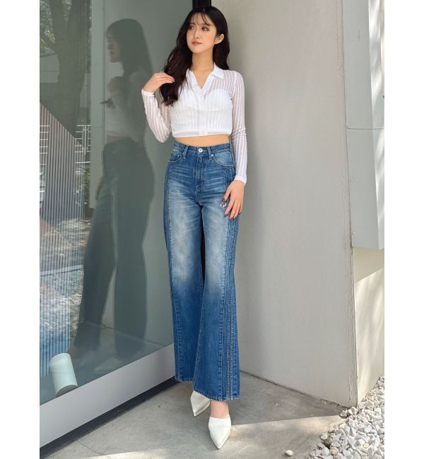 GYDA「ハイウエストGD SIDE 2ラインストレートワイドデニムパンツ」|デニム|