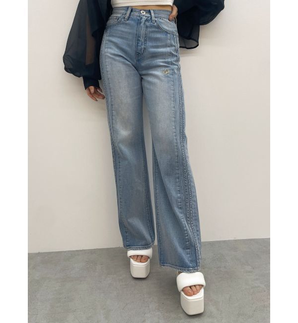 GYDA「ハイウエストGD SIDE 2ラインストレートワイドデニムパンツ」|デニム|アイスブルー