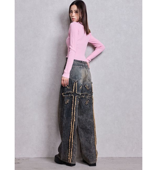 GYDA「ハイウエストBACK CROSS POINTワイドデニムパンツ」|デニム|