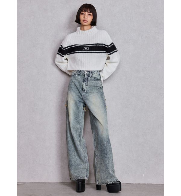 GYDA「ハイウエストBACK CROSS POINTワイドデニムパンツ」|デニム|