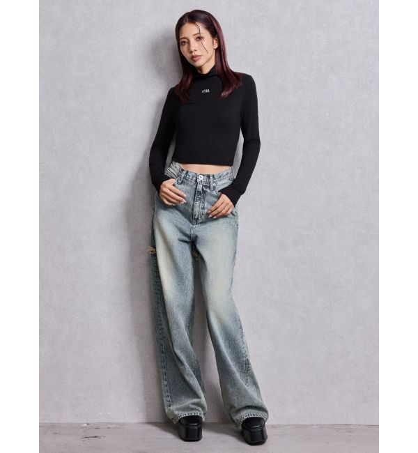 GYDA「ハイウエストBACK CROSS POINTワイドデニムパンツ」|デニム|