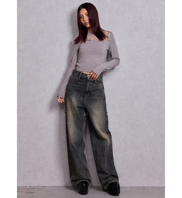 GYDA「ハイウエストBACK CROSS POINTワイドデニムパンツ」|デニム|