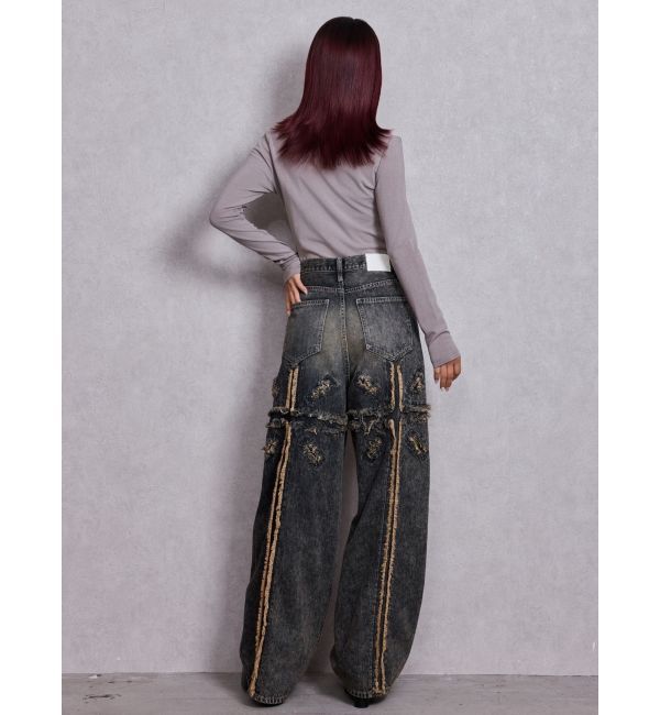 GYDA「ハイウエストBACK CROSS POINTワイドデニムパンツ」|デニム|