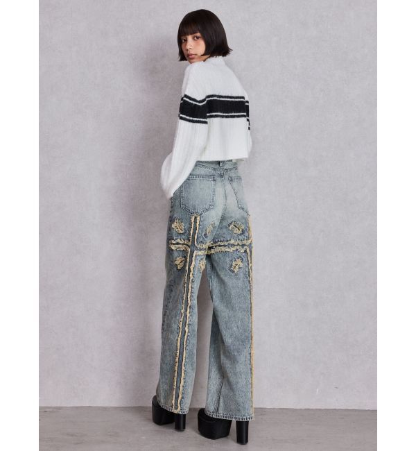 GYDA「ハイウエストBACK CROSS POINTワイドデニムパンツ」|デニム|