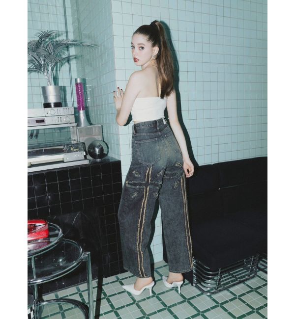 GYDA「ハイウエストBACK CROSS POINTワイドデニムパンツ」|デニム|