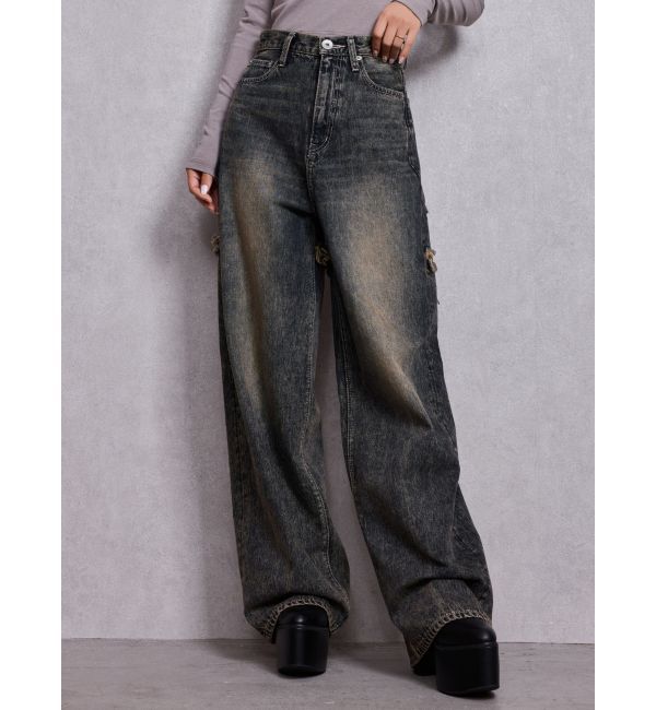 GYDA「ハイウエストBACK CROSS POINTワイドデニムパンツ」|デニム|