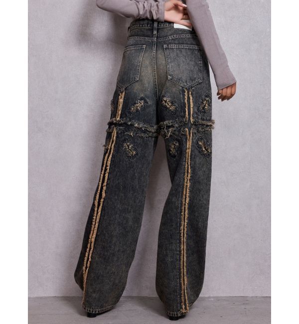 GYDA「ハイウエストBACK CROSS POINTワイドデニムパンツ」|デニム|