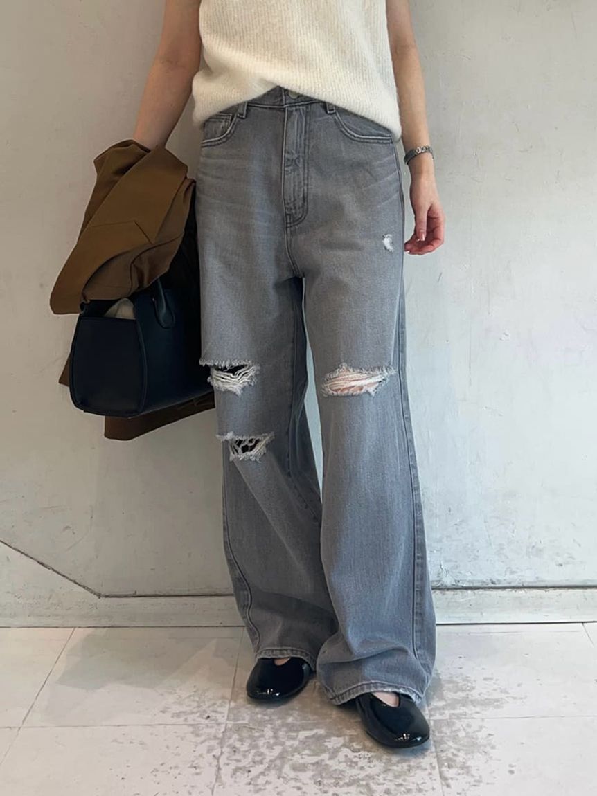 Mila Owen「ダメージ加工ルーズストレートデニムパンツ」|デニム|