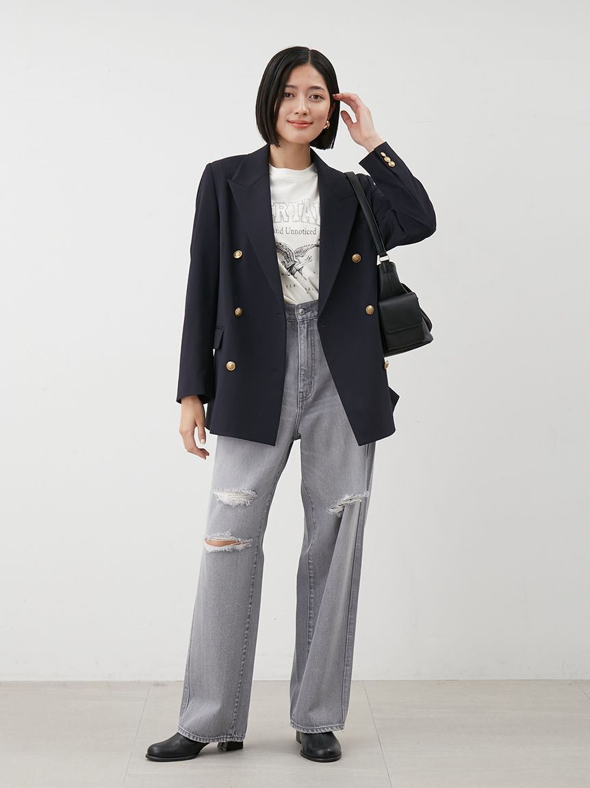 Mila Owen「ダメージ加工ルーズストレートデニムパンツ」|デニム|