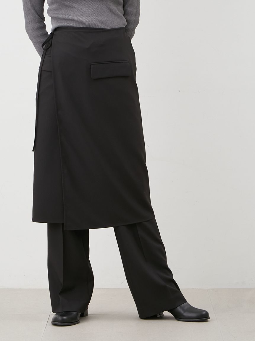 Mila Owen「巻きスカートレイヤウエストゴムシガレットパンツ」|チノ|BLK