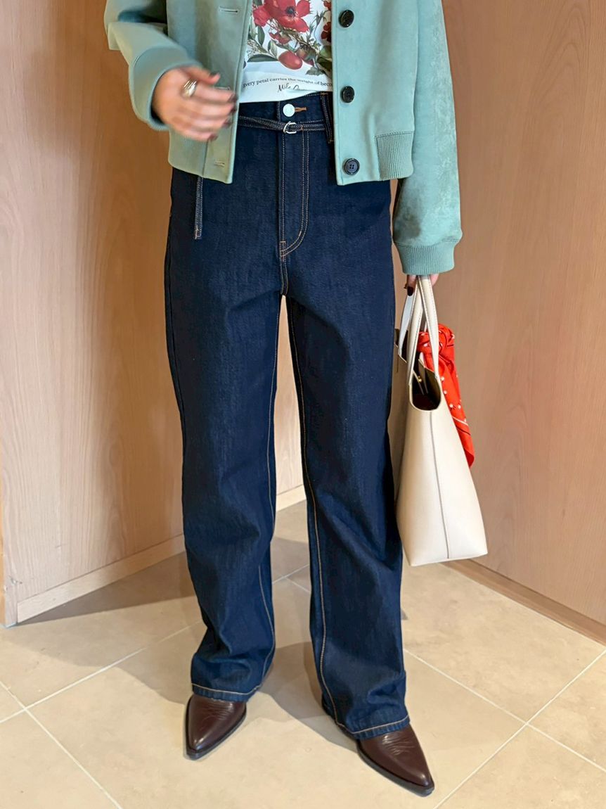 Mila Owen「細ベルト付きストレートデニムパンツ」|デニム|