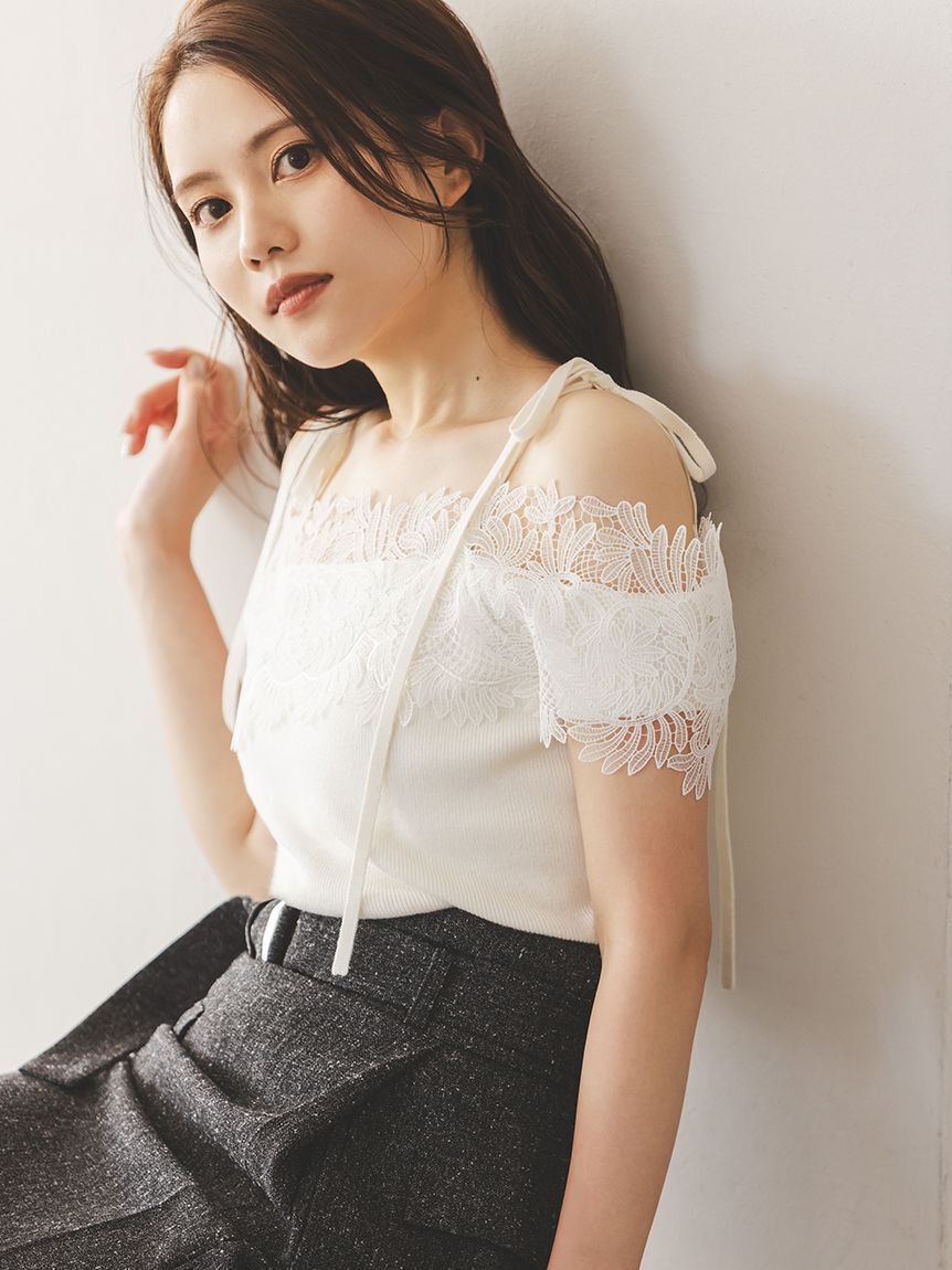 SNIDEL「レースコンビハーフスリーブニットプルオーバー」|ニット・セーター|