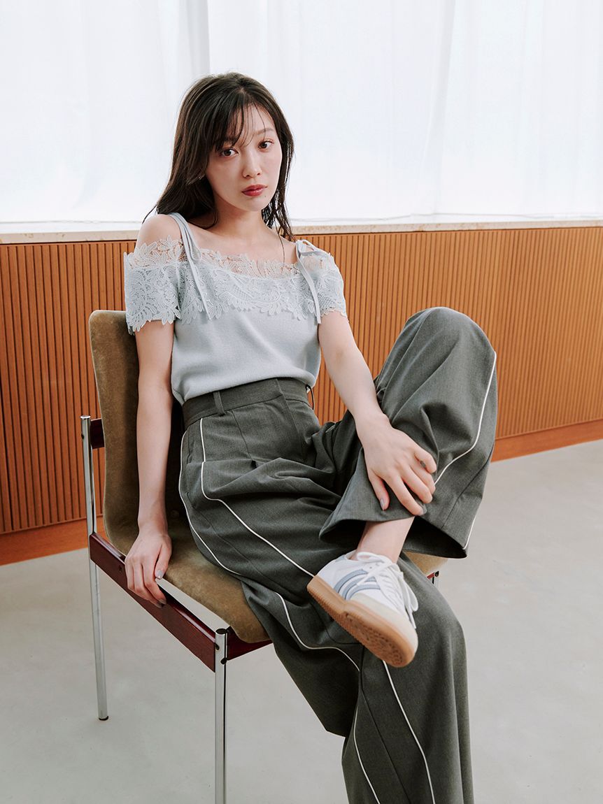 SNIDEL「レースコンビハーフスリーブニットプルオーバー」|ニット・セーター|