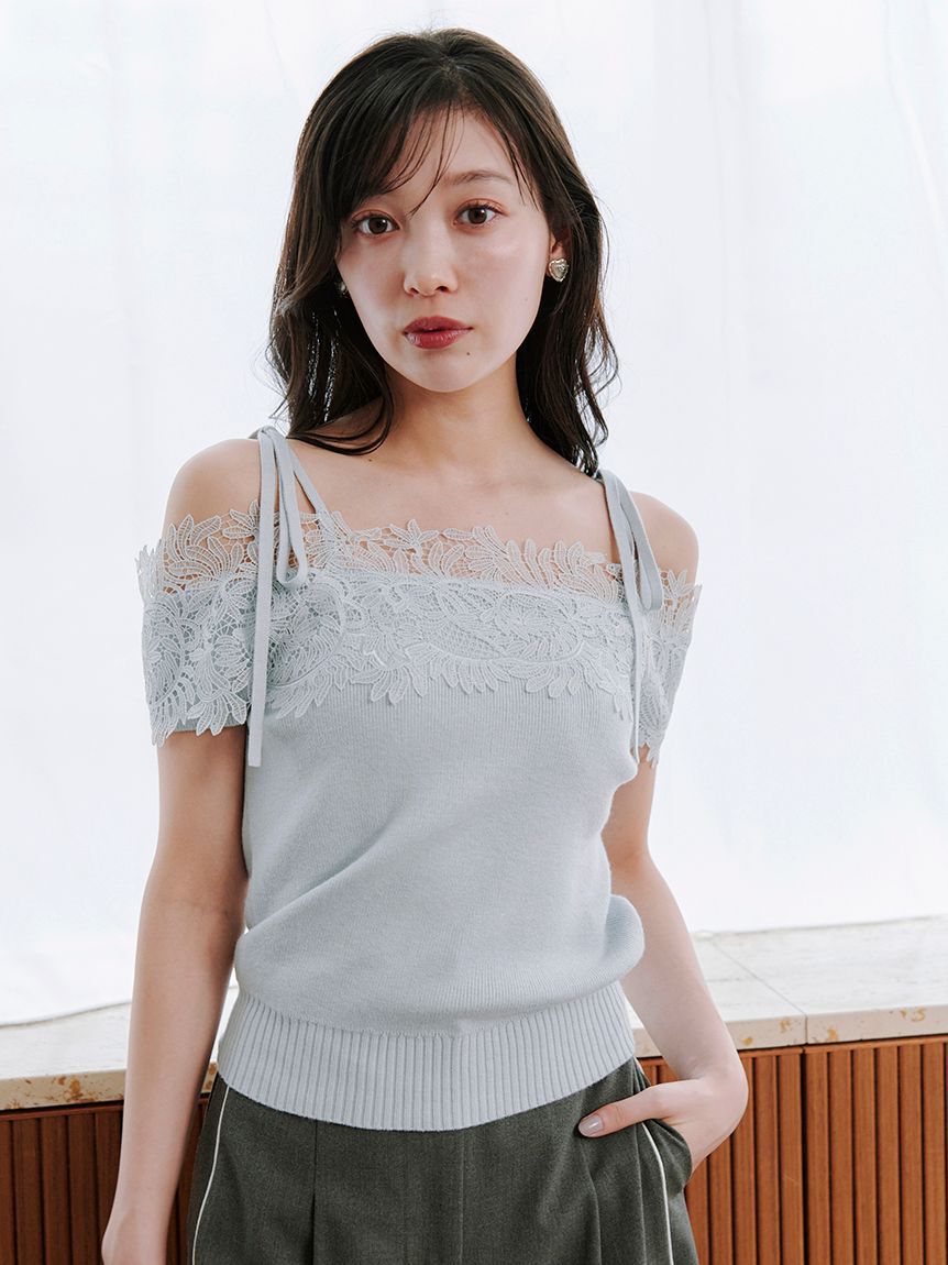 SNIDEL「レースコンビハーフスリーブニットプルオーバー」|ニット・セーター|