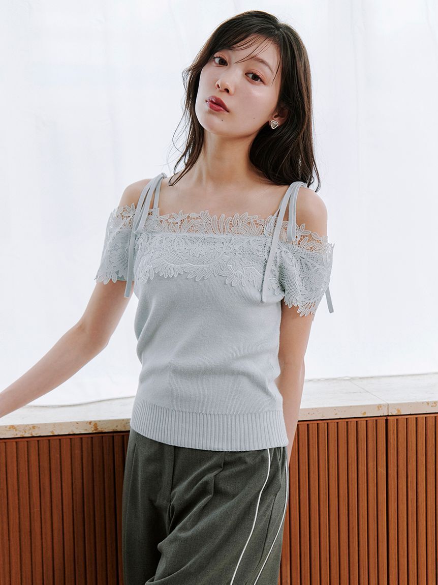 SNIDEL「レースコンビハーフスリーブニットプルオーバー」|ニット・セーター|LBLU
