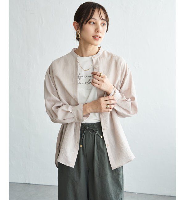 ikka「冷感リネンバンドカラーシャツ」|シャツ・ブラウス|グレージュ