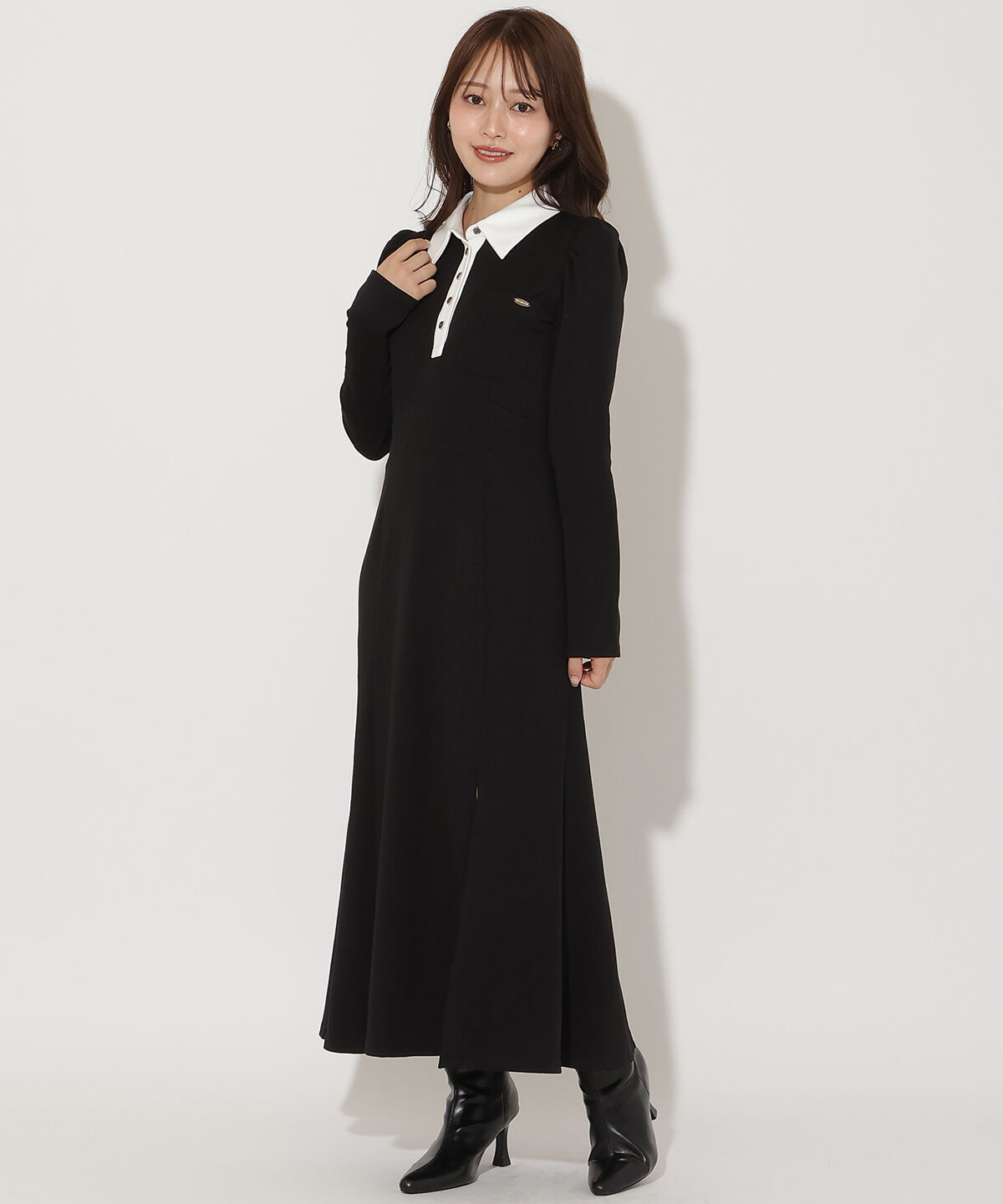 アンドクチュール「配色ポロ襟長袖ワンピース」|ワンピース|