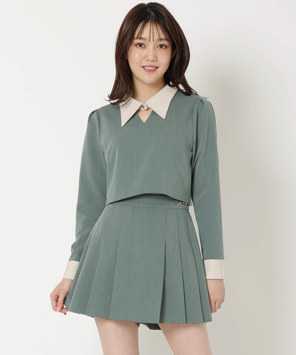 REDYAZEL「サイドビットプリーツスカパン」|キュロット|グリーン