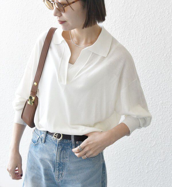 SHIPS any「SHIPS any:〈UVカット/手洗い可能〉シアー スキッパー ニット ポロシャツ」|Tシャツ・カットソー|