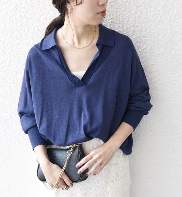 SHIPS any「SHIPS any:〈UVカット/手洗い可能〉シアー スキッパー ニット ポロシャツ」|Tシャツ・カットソー|ネイビー