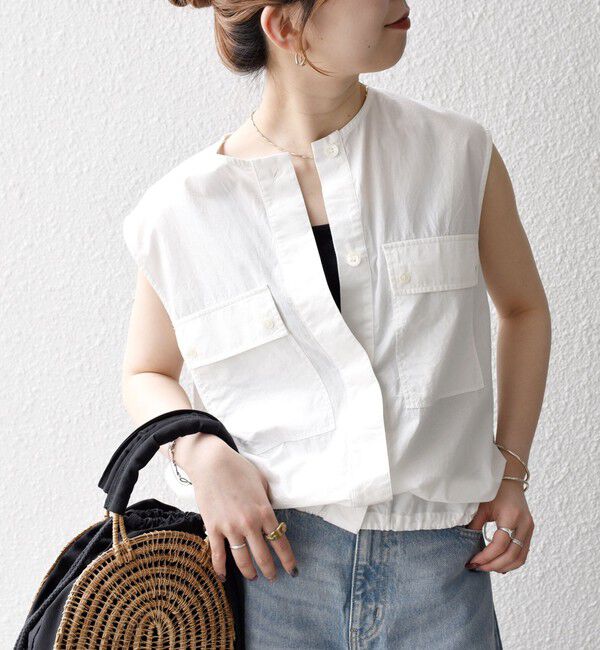 SHIPS any「SHIPS any:〈洗濯機可能〉ポプリン フレンチスリーブ ポケット ドロスト シャツ」|シャツ・ブラウス|ホワイト